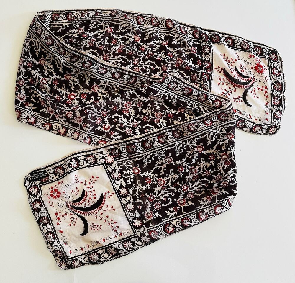 Vtg India 100% Silk Paisley and Floral Long Scarf Cream Black Red Elegant Glam